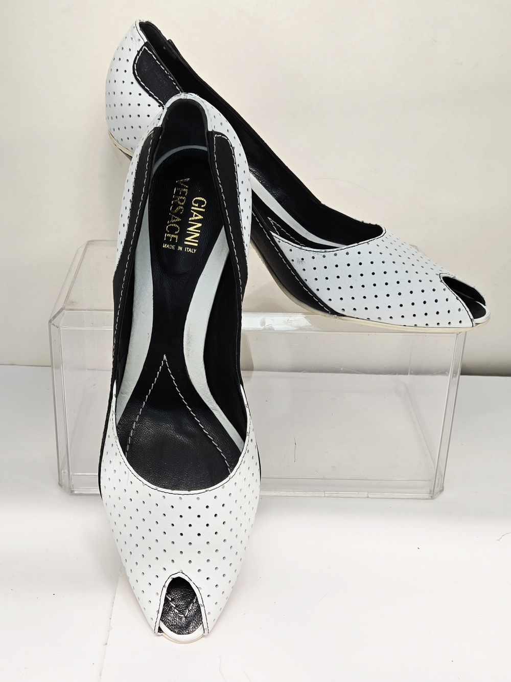 Versace White Perforated Peep-Toe Pumps
